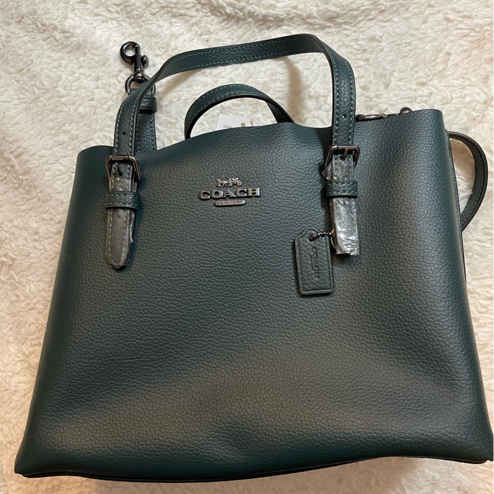 Coach Mollie Tote Bag - forest green with mustard center zip pocket.